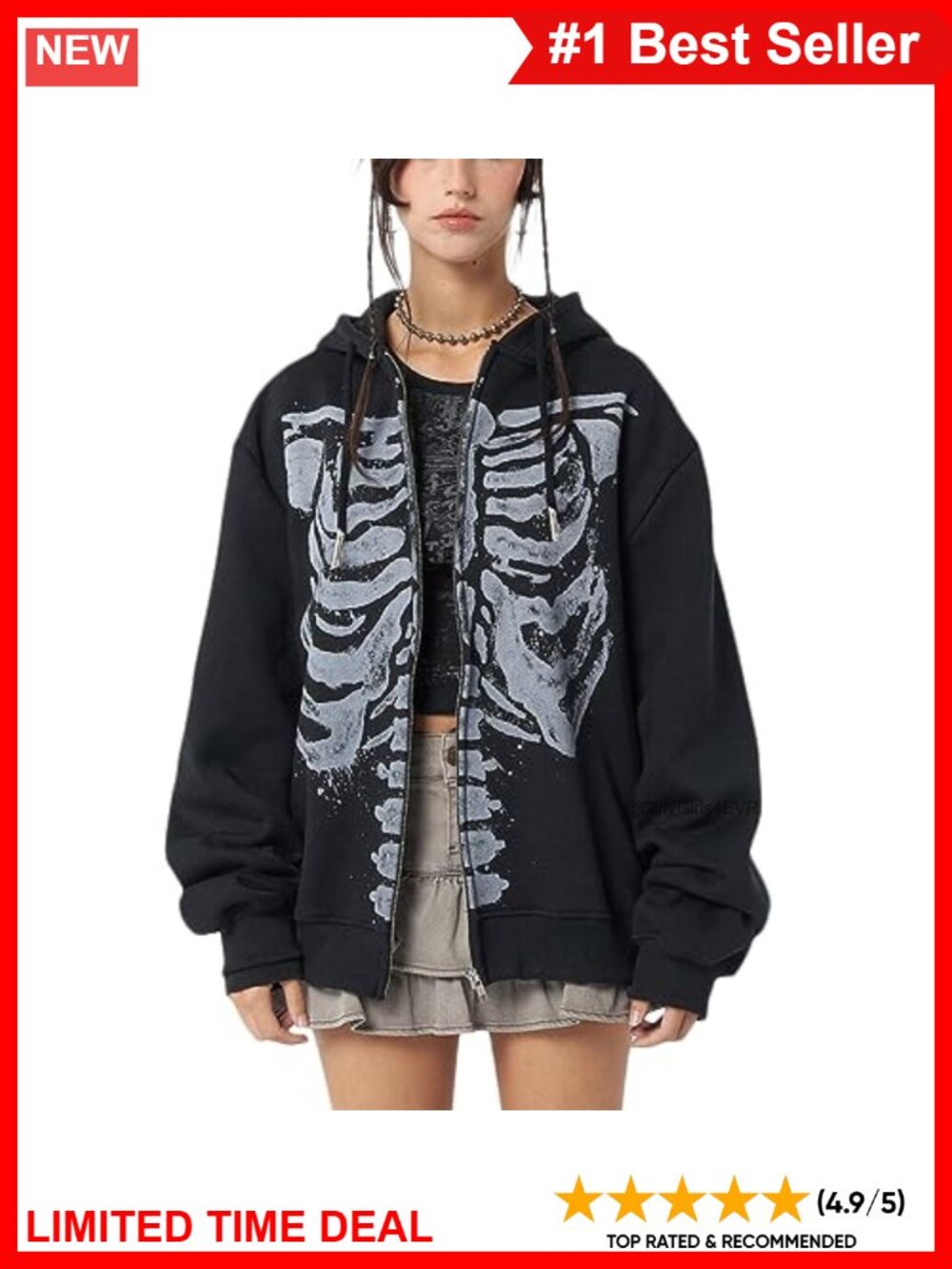 Y2k Skeleton Zip Up Oversized Hoodie Skull Print Grunge Sweatshirt